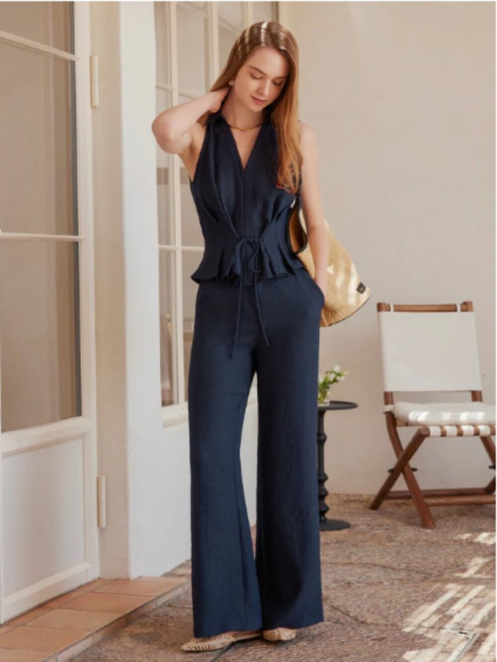 OGL 2Pcs Set Collared V-neck Sleeveless Top & Mid Rise Flared Pant with Pockets